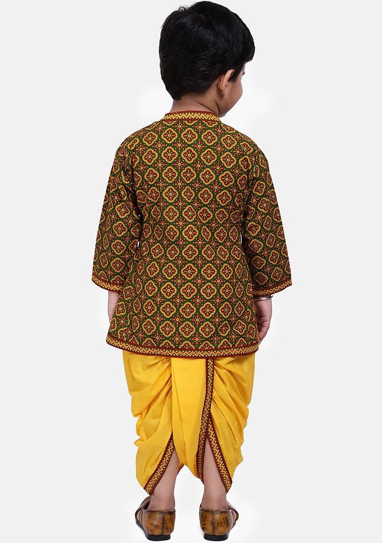 Green Printed Blended Kurta Dhoti Set For Boys - Indya