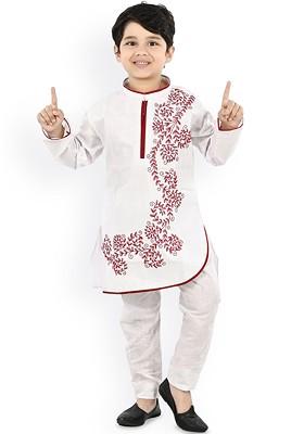 White Printed Blended Kurta Set For Boys