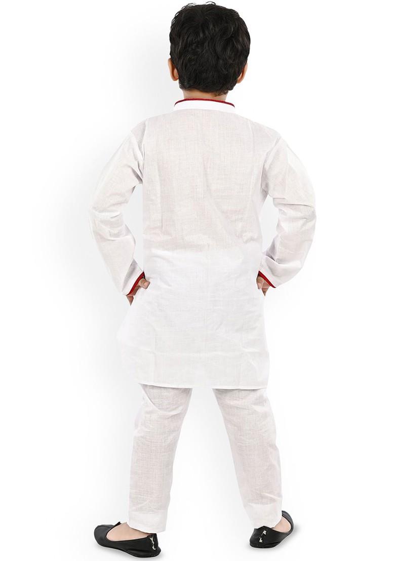 White Printed Blended Kurta Set For Boys - Indya