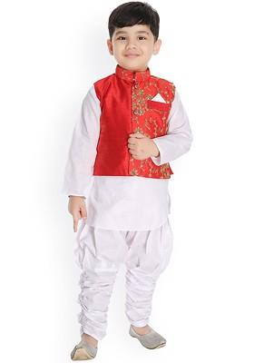 Red Embroidered Blended Kurta Dhoti Set For Boys