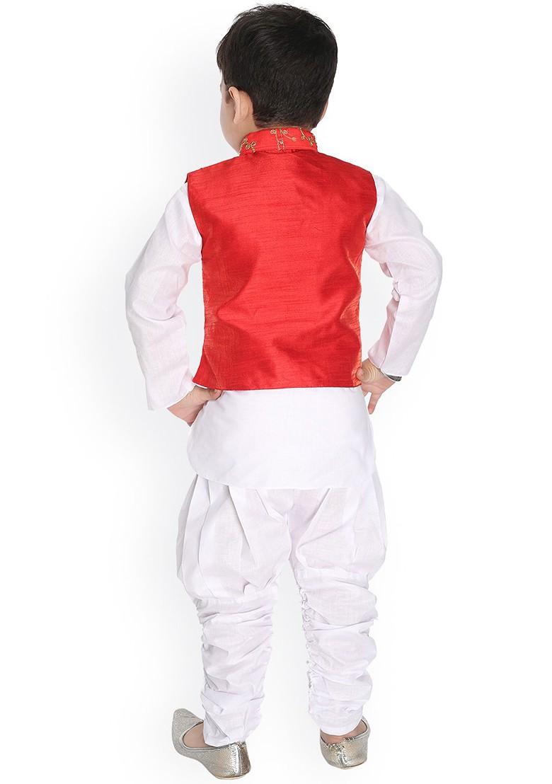 Red Embroidered Blended Kurta Dhoti Set For Boys - Indya