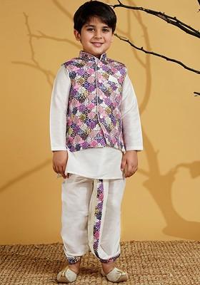 Cream Solid Blended Kurta Dhoti Set For Boys