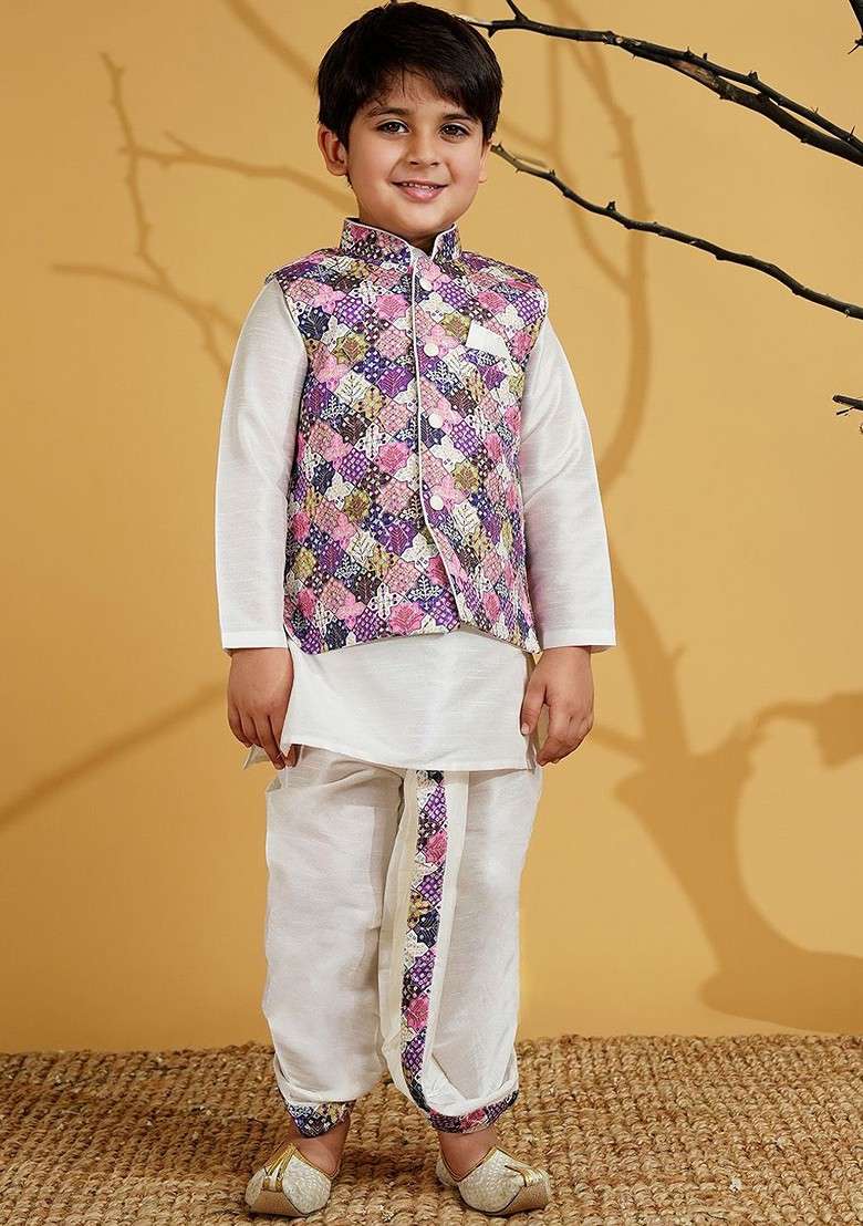 Cream Solid Blended Kurta Dhoti Set For Boys - Indya