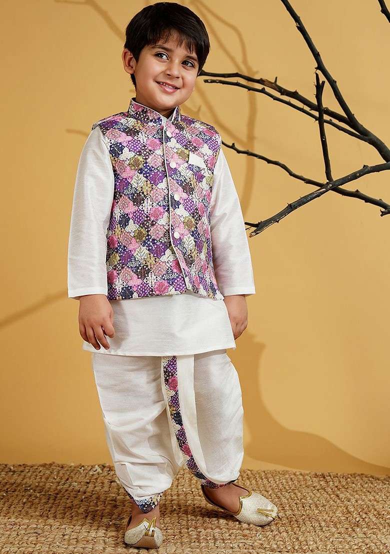 Cream Solid Blended Kurta Dhoti Set For Boys - Indya