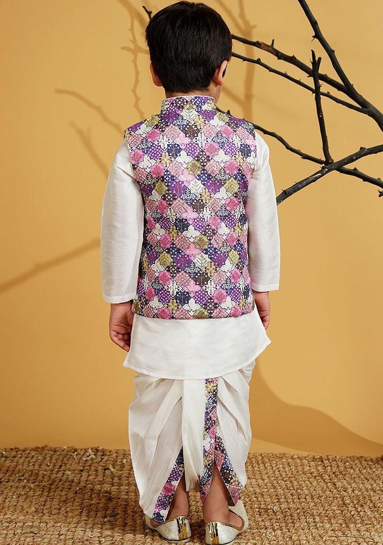 Cream Solid Blended Kurta Dhoti Set For Boys - Indya