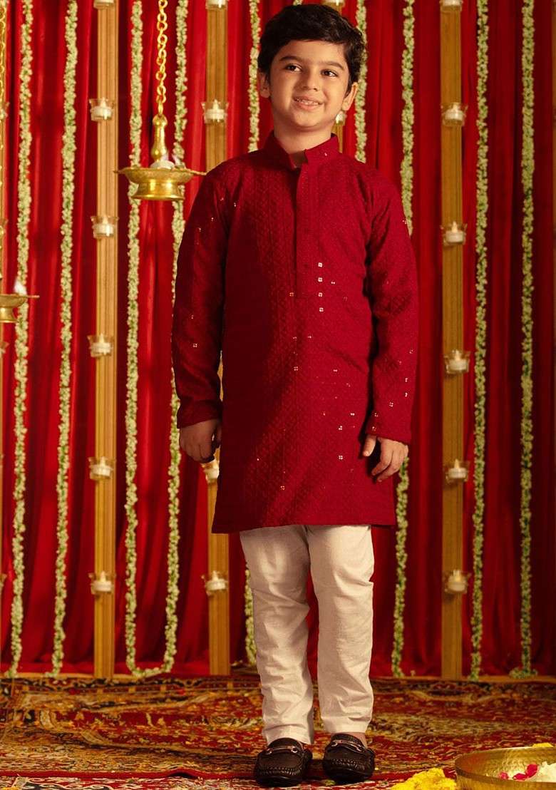 Maroon Embroidered Blended Kurta Set For Boys - Indya