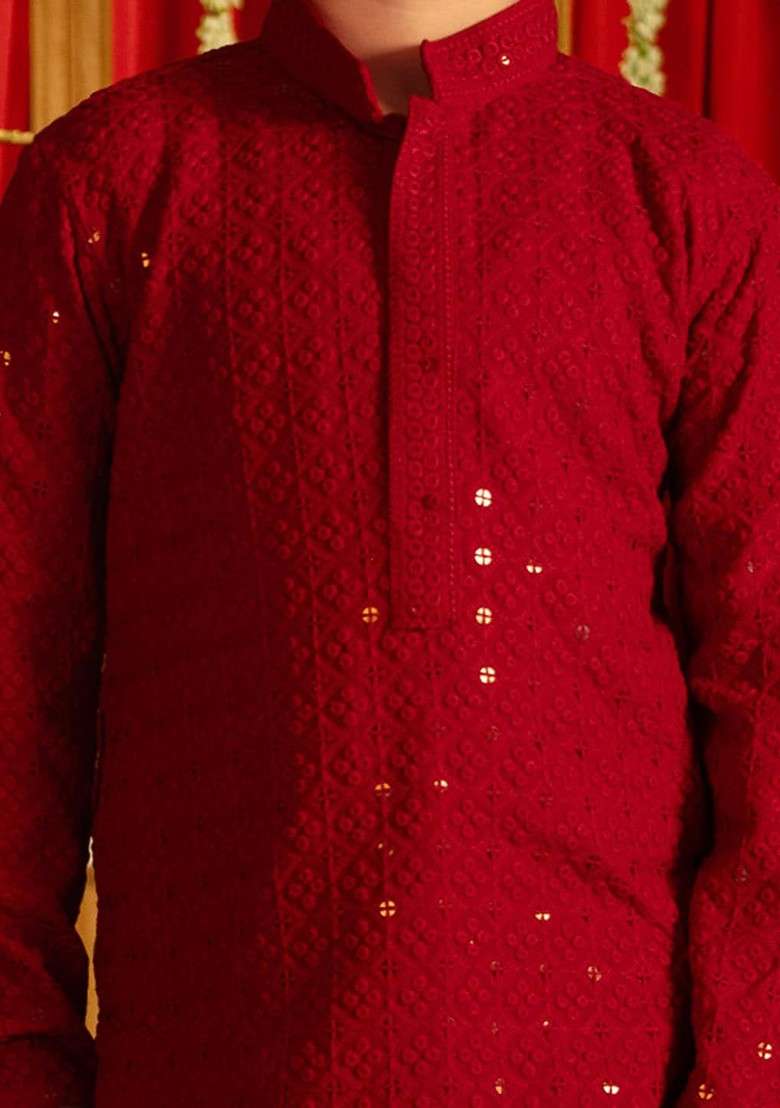 Maroon Embroidered Blended Kurta Set For Boys - Indya
