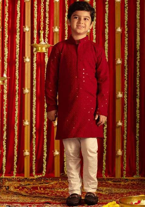 Maroon Embroidered Blended Kurta Set For Boys