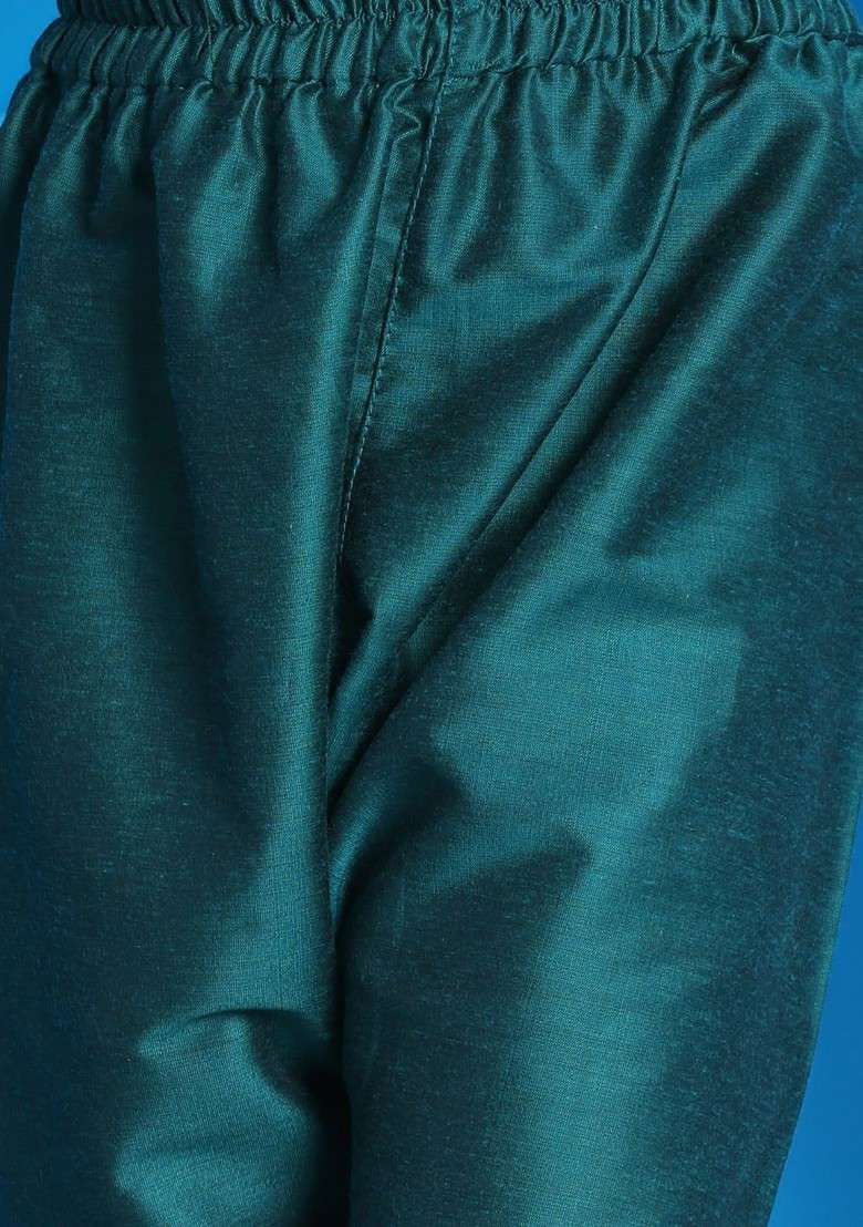 Green Embroidered Blended Kurta Set For Boys - Indya