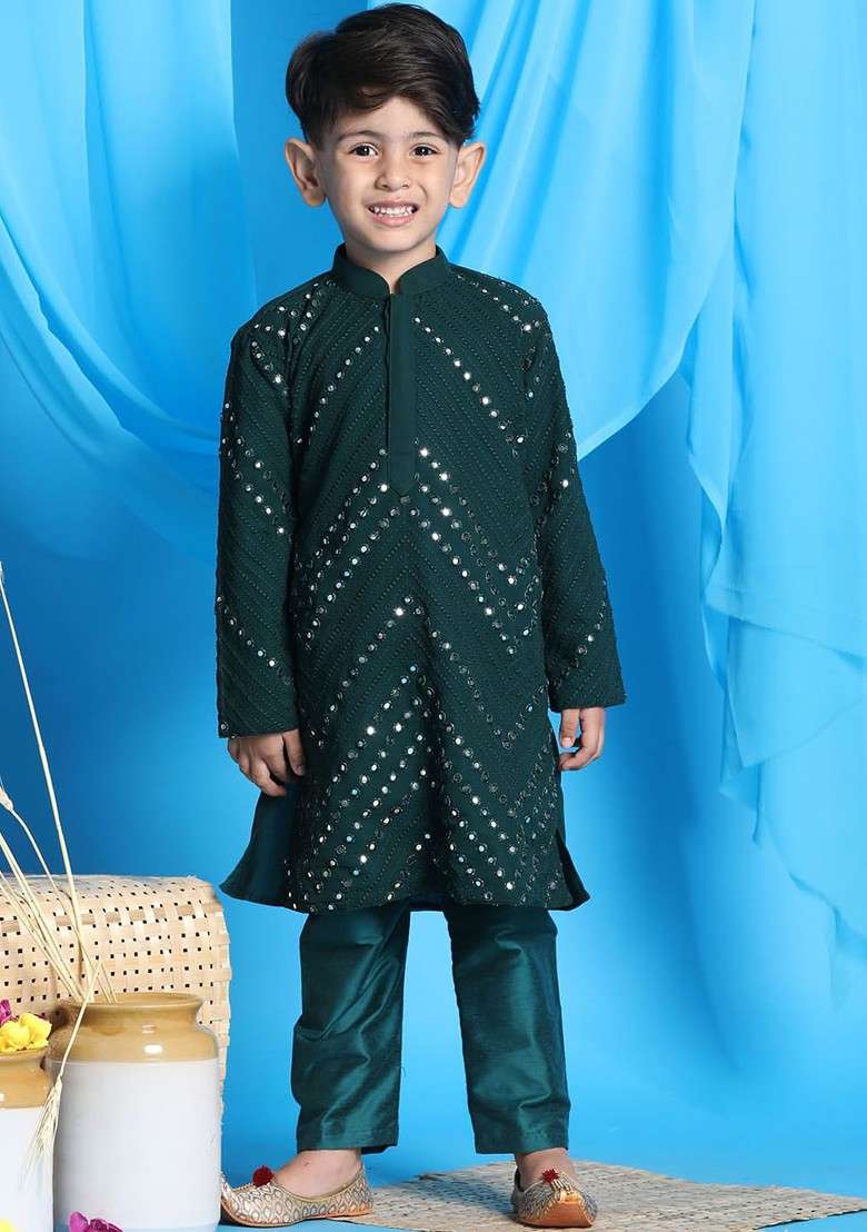 Green Embroidered Blended Kurta Set For Boys - Indya