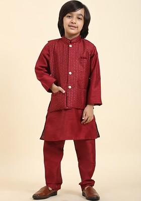 Maroon Embroidered Silk Nehru Jacket Set For Boys