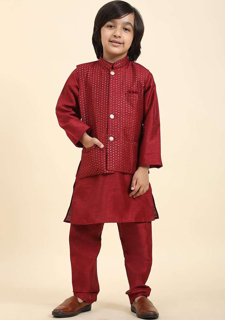Maroon Embroidered Silk Nehru Jacket Set For Boys - Indya