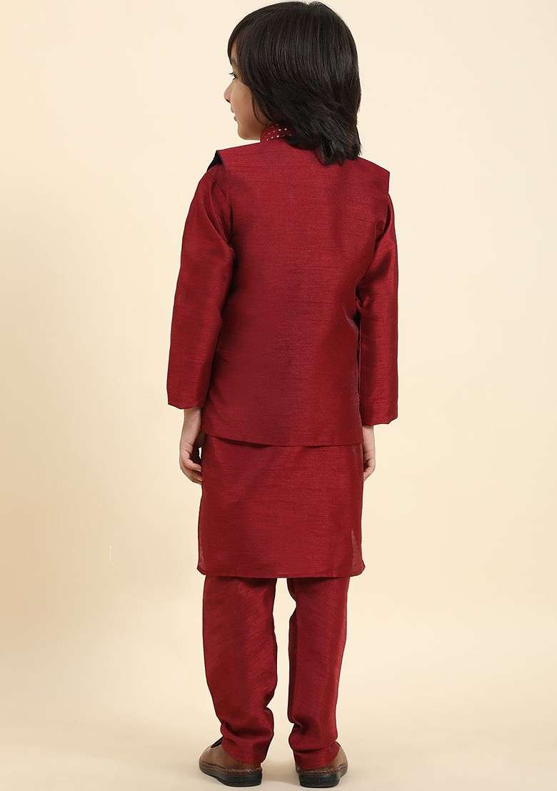 Maroon Embroidered Silk Nehru Jacket Set For Boys - Indya