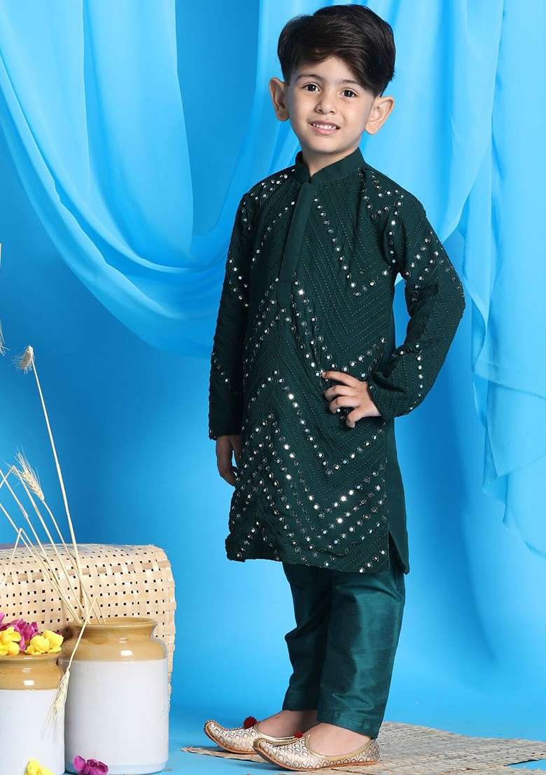 Green Embroidered Blended Kurta Set For Boys - Indya