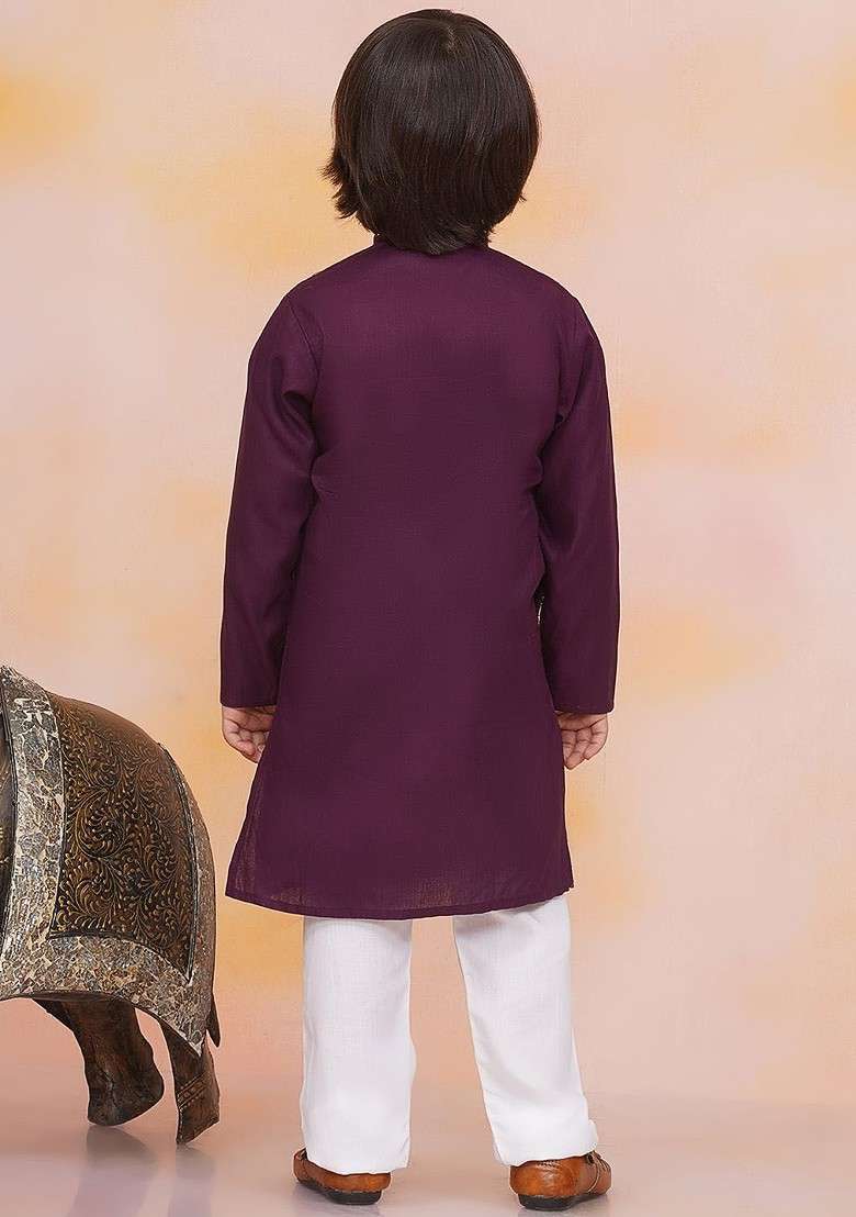 Purple Printed Blended Kurta Set For Boys - Indya