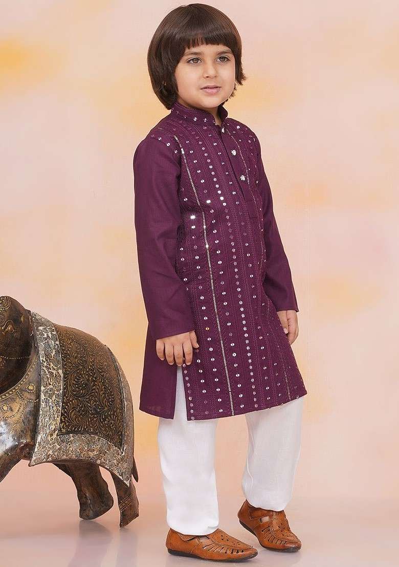 Purple Printed Blended Kurta Set For Boys - Indya