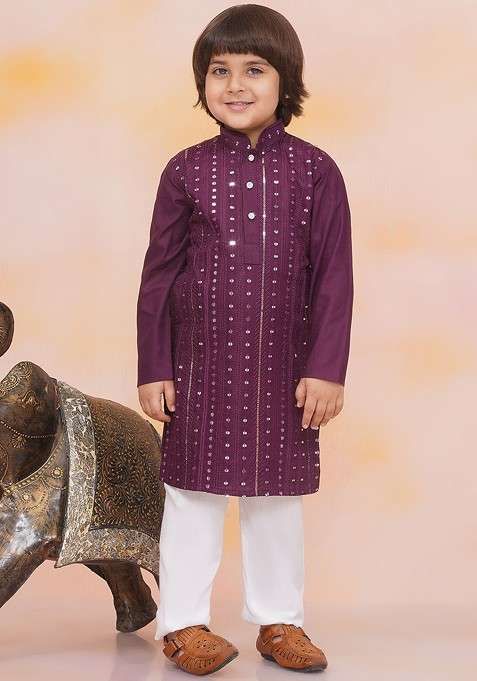 Purple Printed Blended Kurta Set For Boys