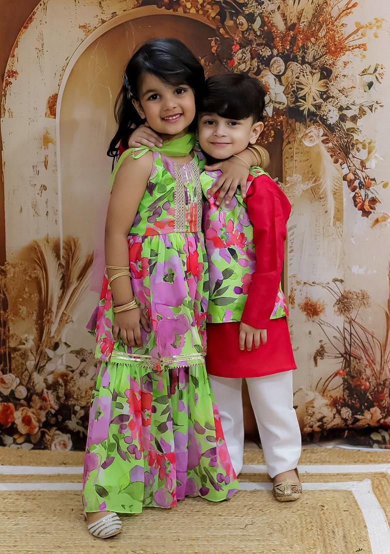 Red Printed Blended Kurta Set For Boys - Indya