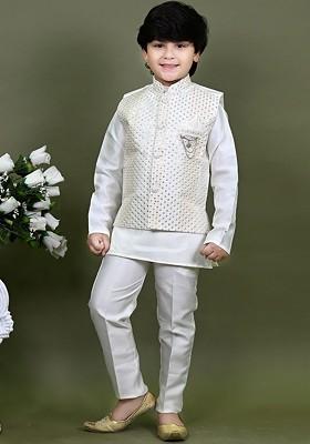 White Embroidered Cotton Nehru Jacket Set For Boys