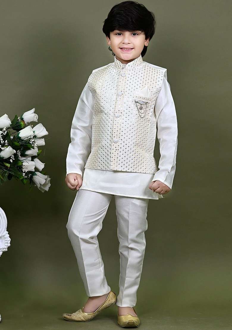White Embroidered Cotton Nehru Jacket Set For Boys - Indya
