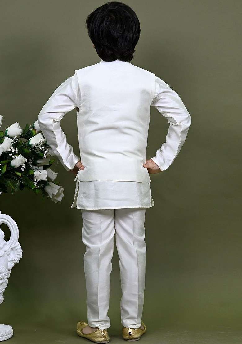 White Embroidered Cotton Nehru Jacket Set For Boys - Indya