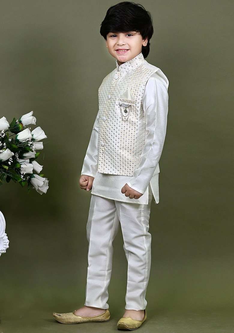 White Embroidered Cotton Nehru Jacket Set For Boys - Indya