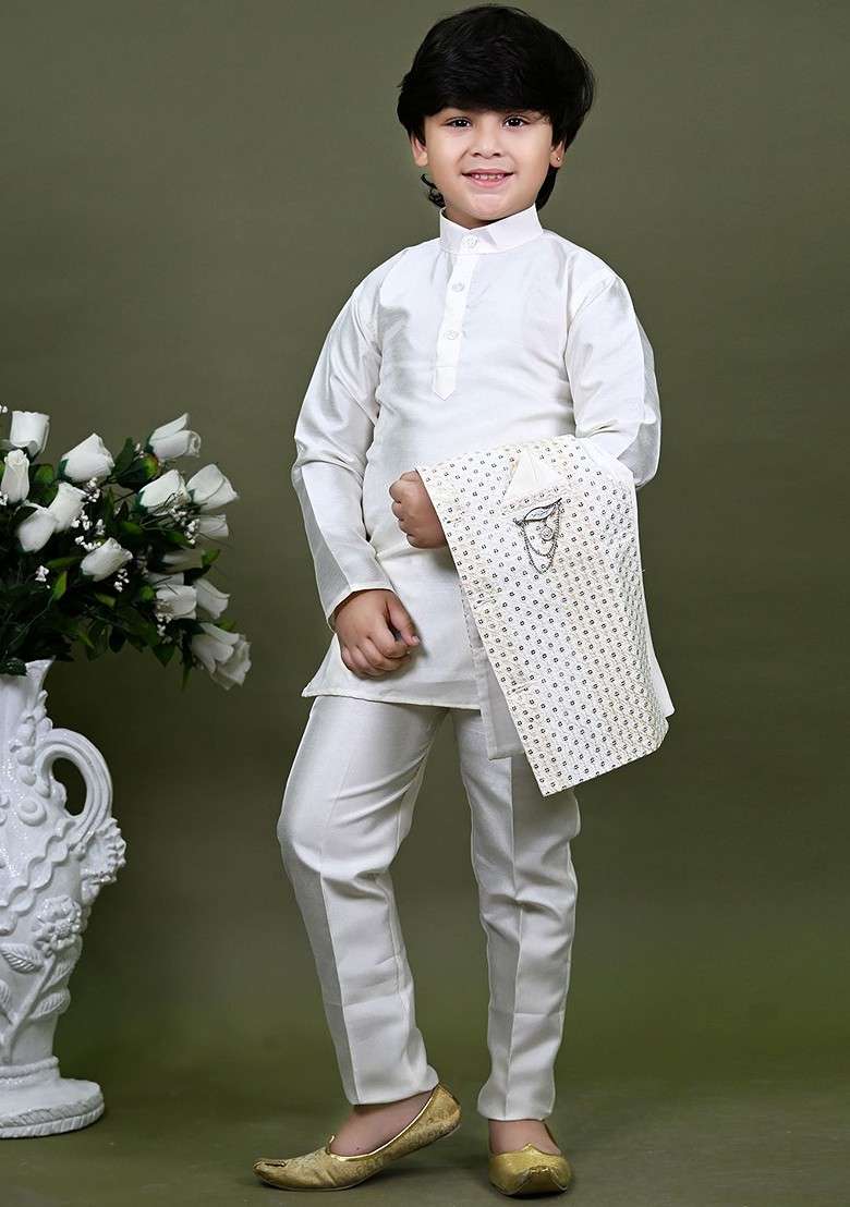 White Embroidered Cotton Nehru Jacket Set For Boys - Indya