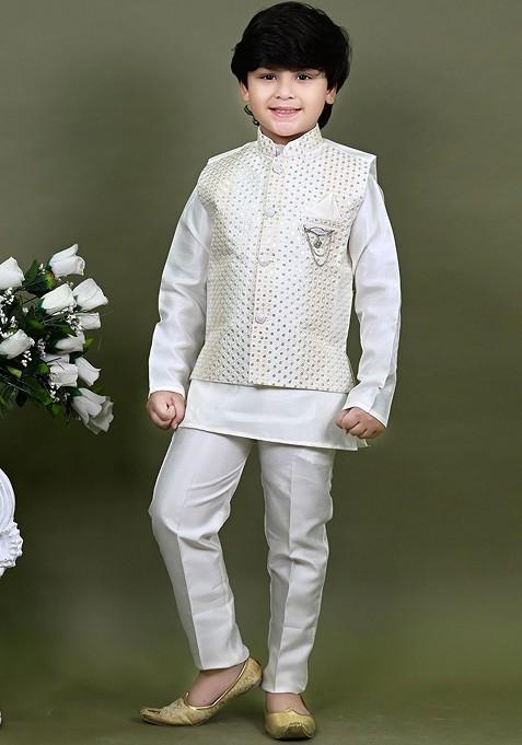 White Embroidered Cotton Nehru Jacket Set For Boys — view on Indya