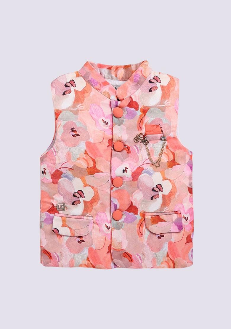 Peach Yoke Design Blended Nehru Jacket Set For Boys - Indya