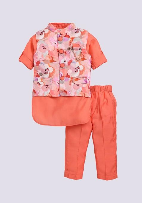 Peach Yoke Design Blended Nehru Jacket Set For Boys — view on Indya