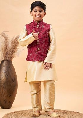 Gold Embroidered Blended Nehru Jacket Set For Boys