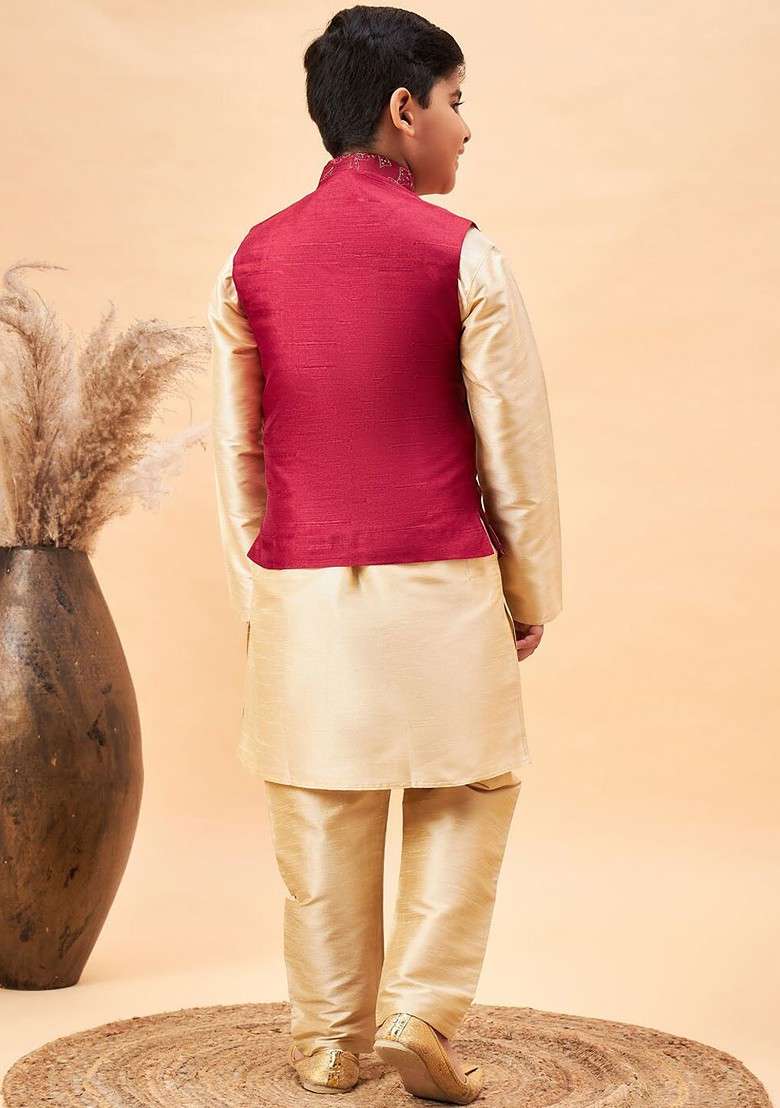 Gold Embroidered Blended Nehru Jacket Set For Boys - Indya