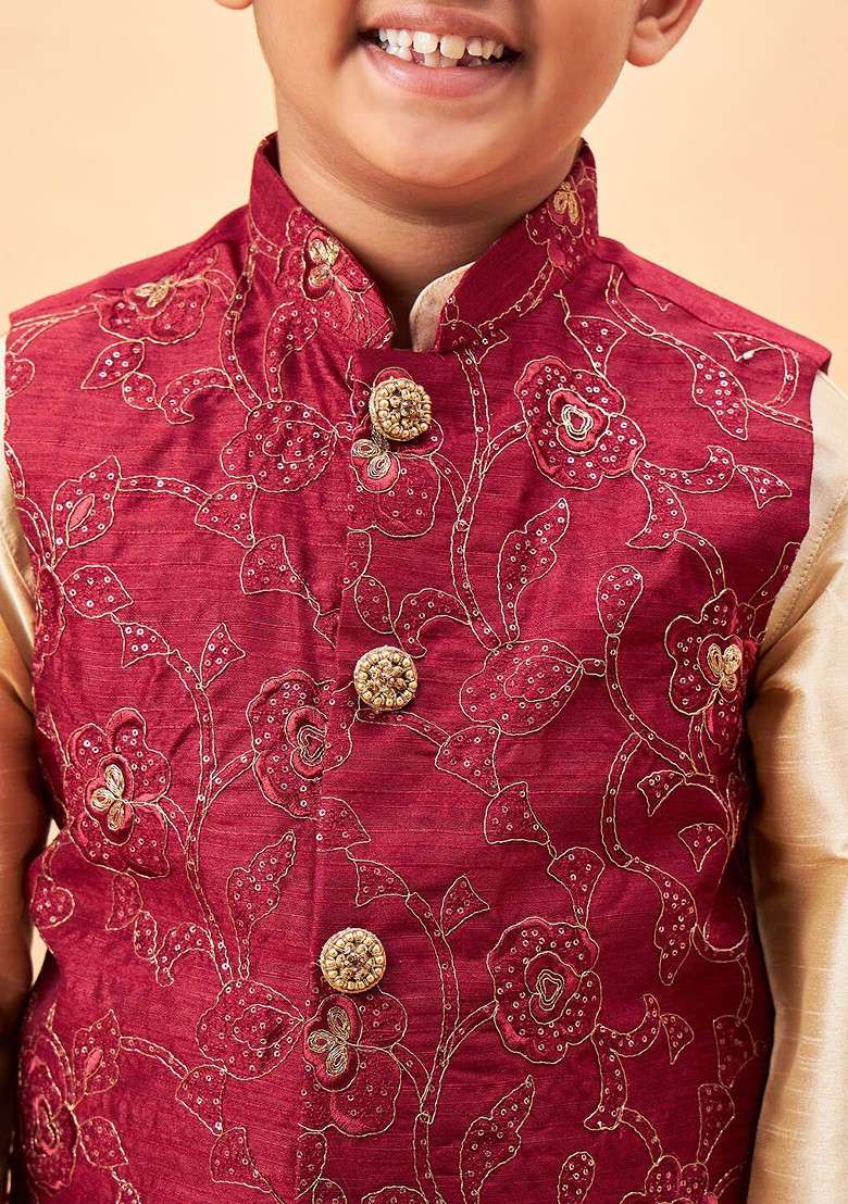 Gold Embroidered Blended Nehru Jacket Set For Boys - Indya