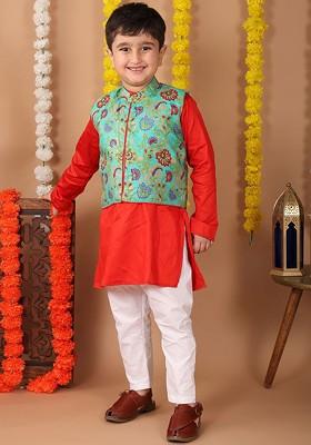 Red Embroidered Cotton Nehru Jacket Set For Boys