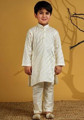 White Embroidered Blended Kurta Set For Boys