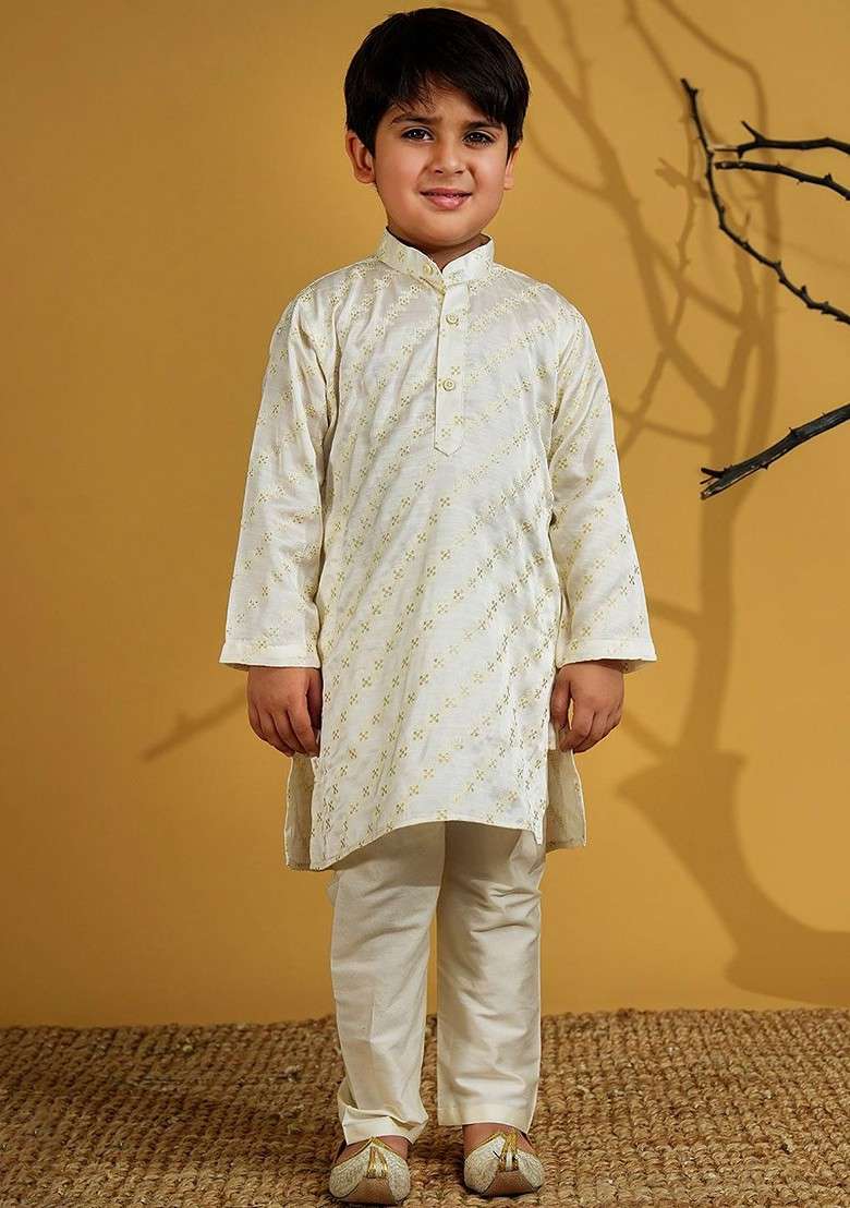 White Embroidered Blended Kurta Set For Boys - Indya