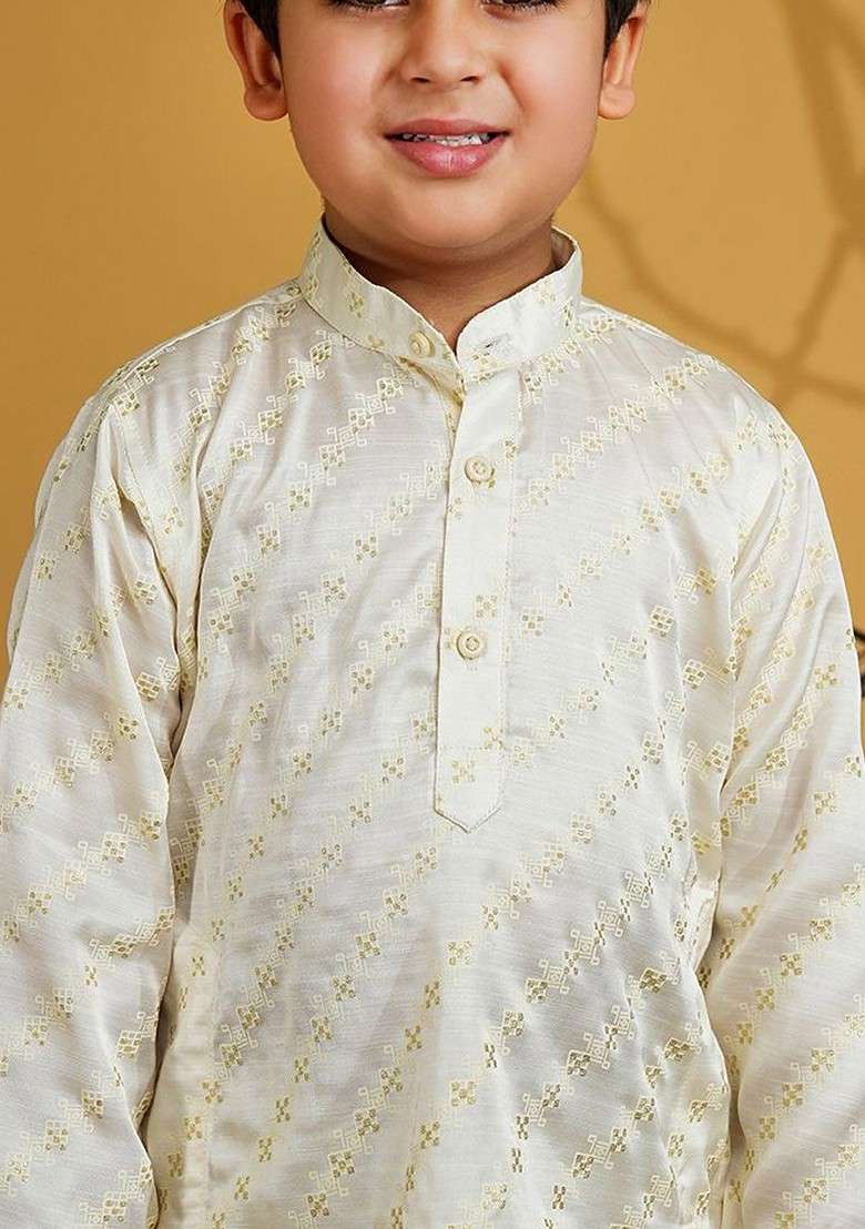 White Embroidered Blended Kurta Set For Boys - Indya