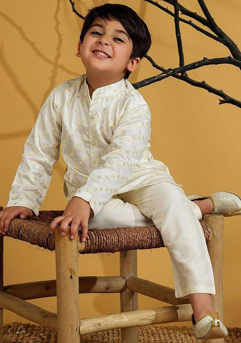 White Embroidered Blended Kurta Set For Boys - Indya