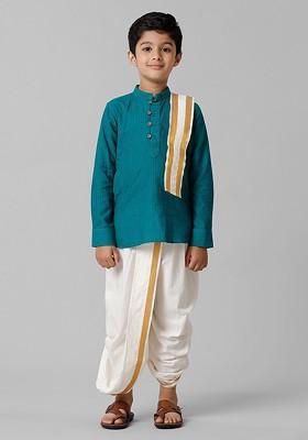 Green Woven Design Blended Kurta Set For Boys