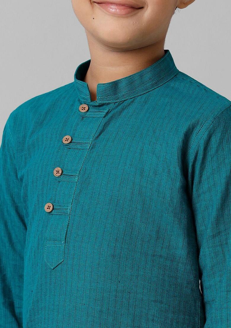Green Woven Design Blended Kurta Set For Boys - Indya