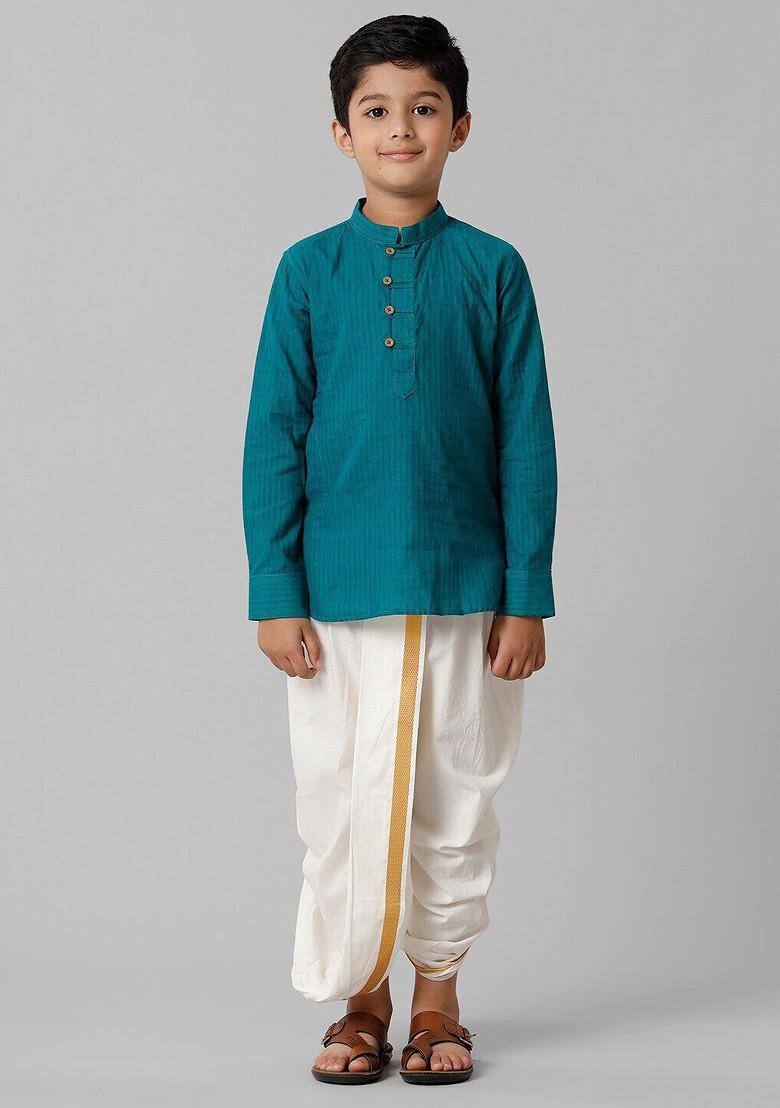Green Woven Design Blended Kurta Set For Boys - Indya