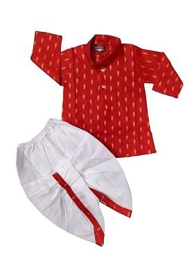 Red Printed Cotton Kurta Dhoti Set For Boys