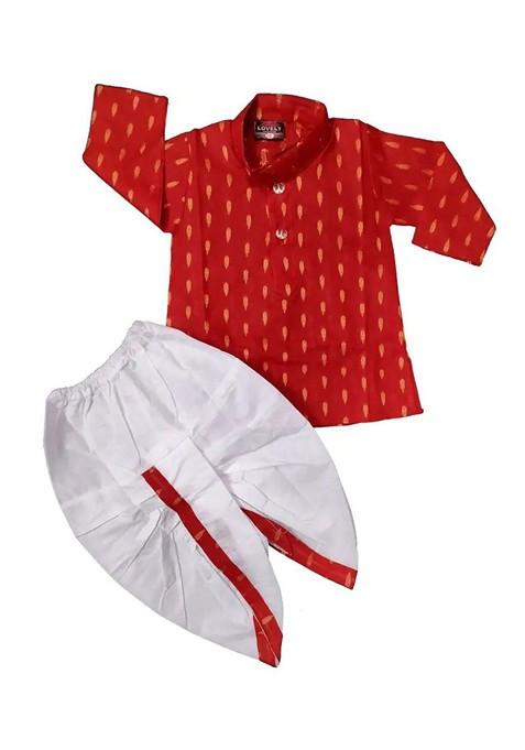 Red Printed Cotton Kurta Dhoti Set For Boys — view on Indya