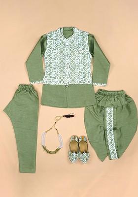 Green Embroidered Blended Kurta Dhoti Set For Boys