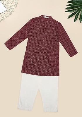Maroon Printed Cotton Kurta Set For Boys
