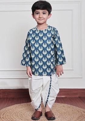 Blue Printed Cotton Kurta Dhoti Set For Boys