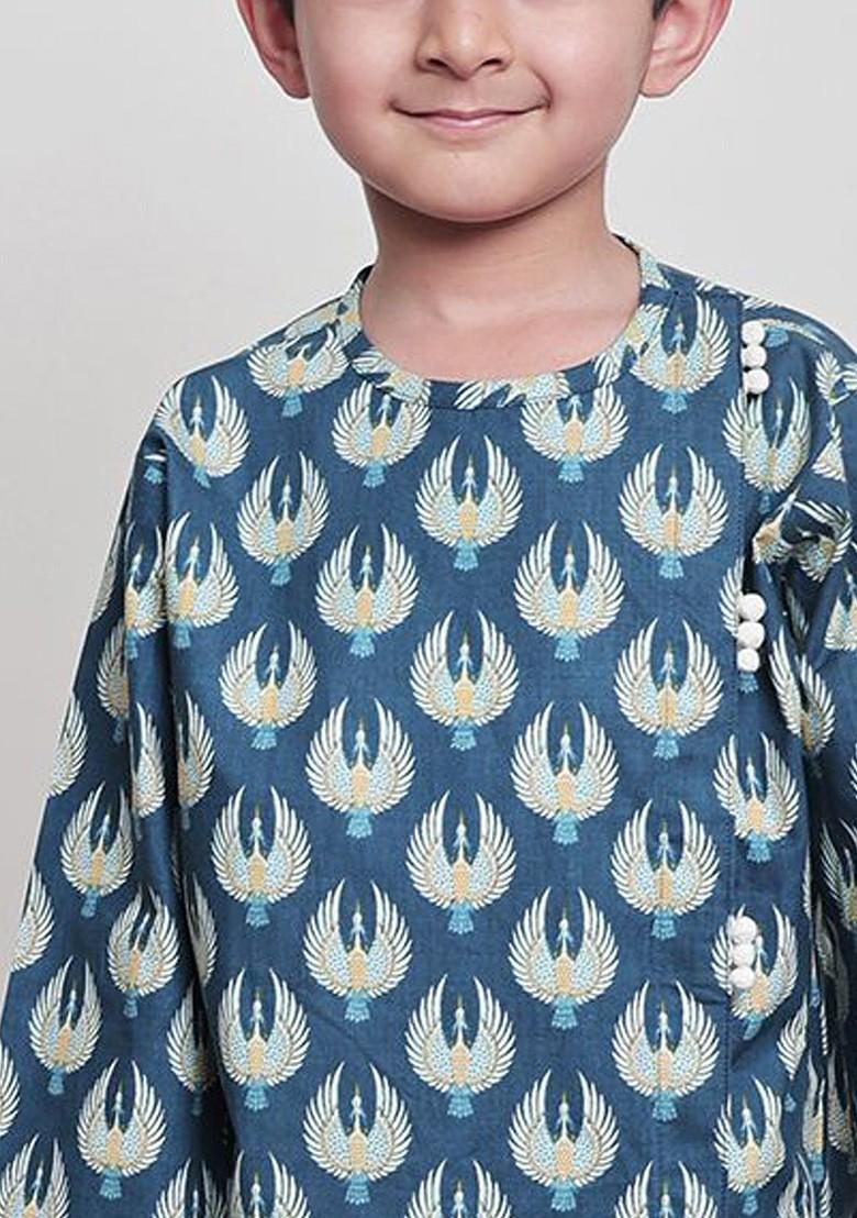 Blue Printed Cotton Kurta Dhoti Set For Boys - Indya