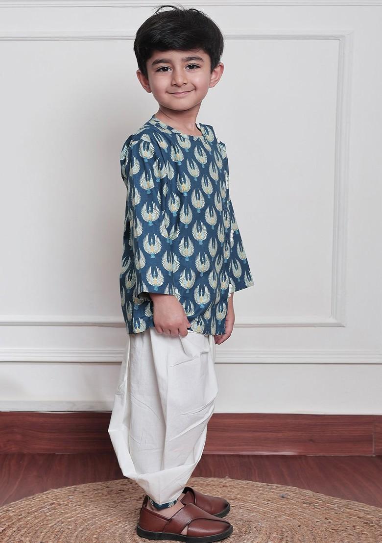 Blue Printed Cotton Kurta Dhoti Set For Boys - Indya