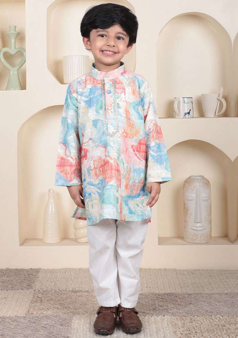 White Printed Cotton Kurta Set For Boys - Indya