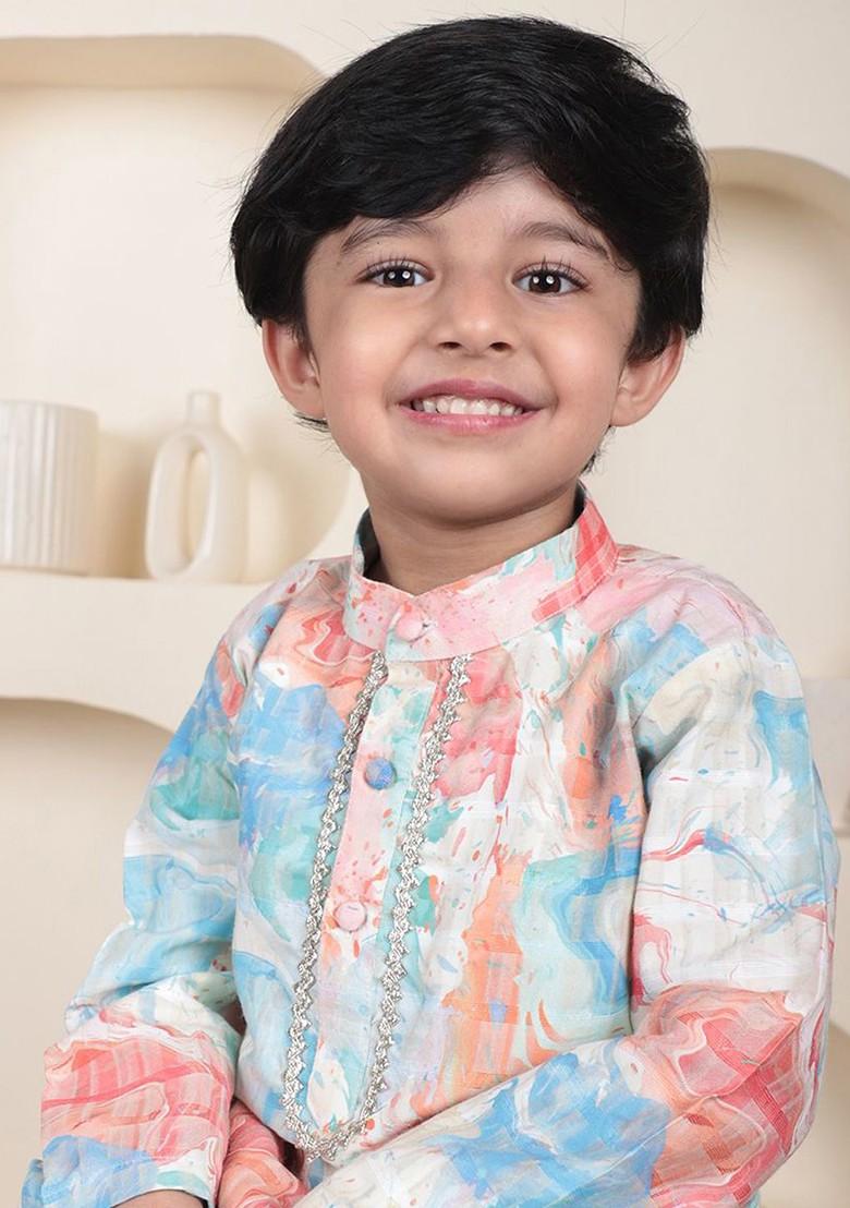 White Printed Cotton Kurta Set For Boys - Indya